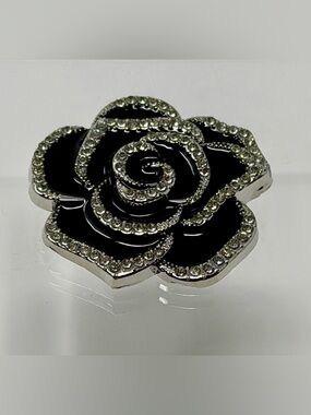Black Enamel Flowerr Rhinestone Accent Brooch Silver-tone
